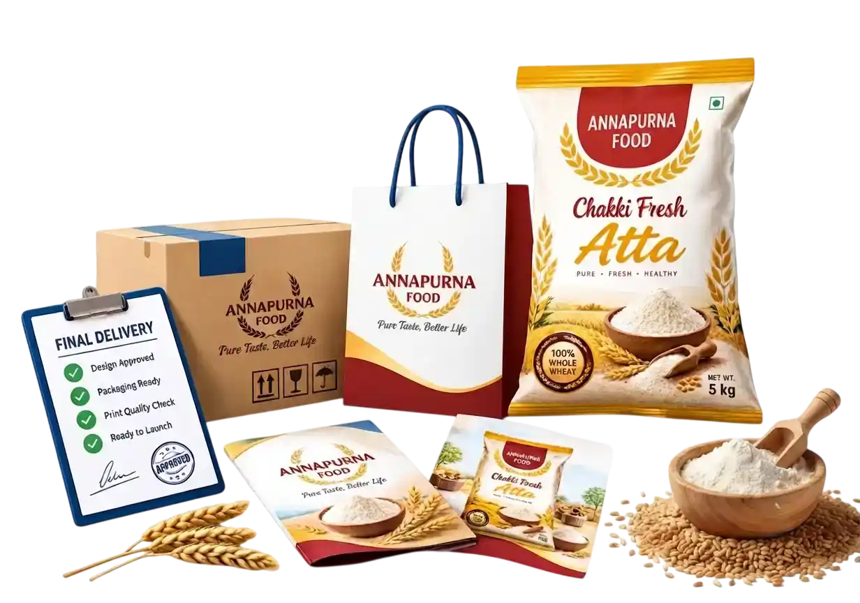 A complete brand identity with packaging, bag, flyer and delivery kit — the result after branding